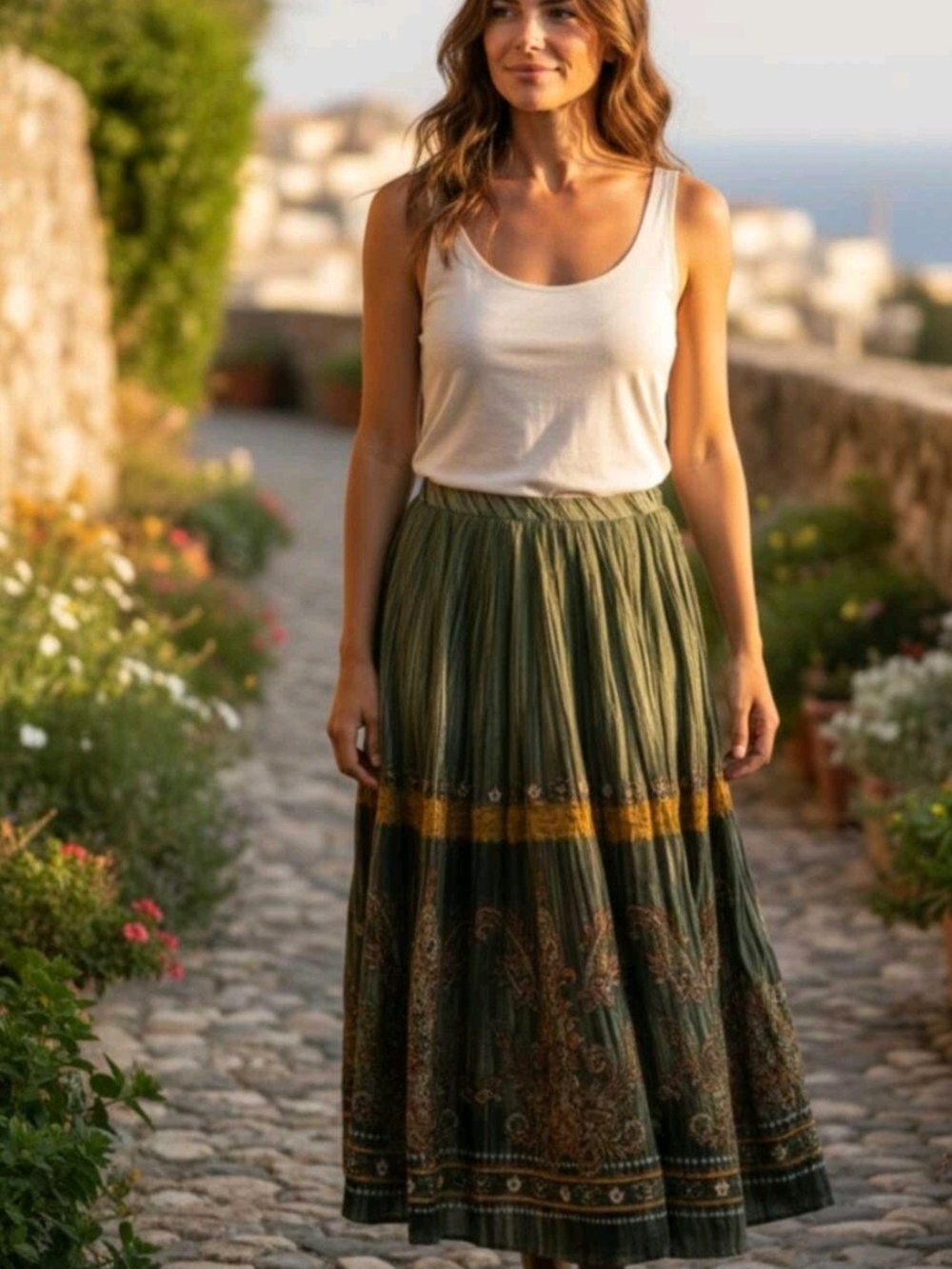 Olive Green Tiered Boho Maxi Skirt